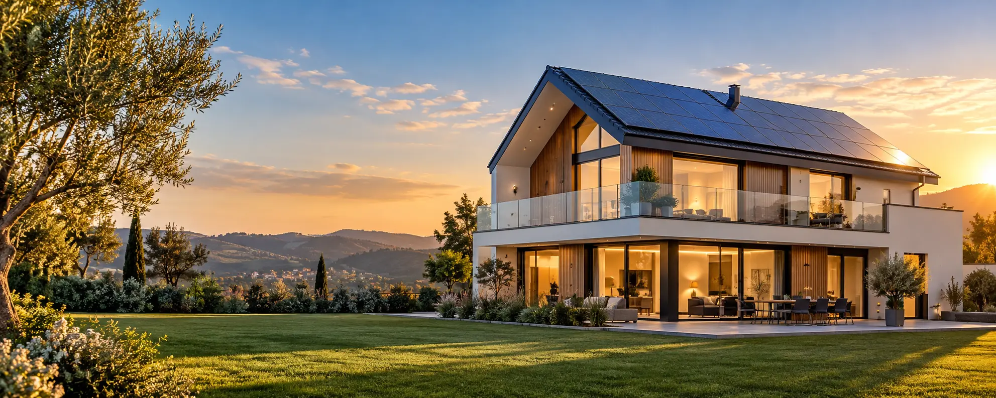 Casa moderna con impianto fotovoltaico sul tetto al tramonto